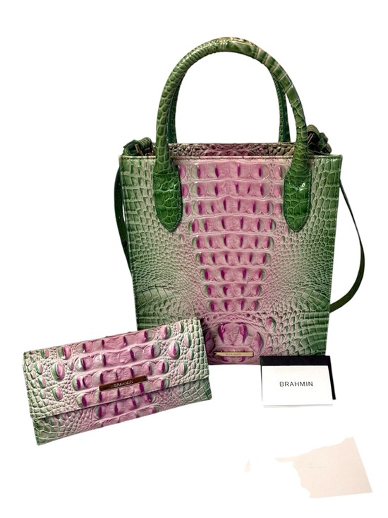 Brahmin Handbags - Brahmin Green & Pink Croc-Embossed Leather Tote & Wallet With Registration Card
